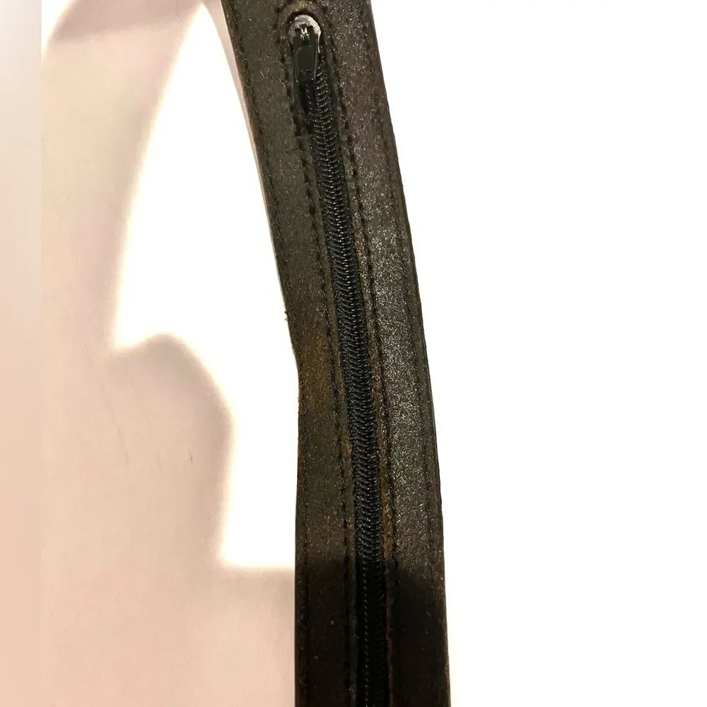 Western Black Leather Money Belt Sz 36 Hidden Zipper Compartment & Gold Buckle